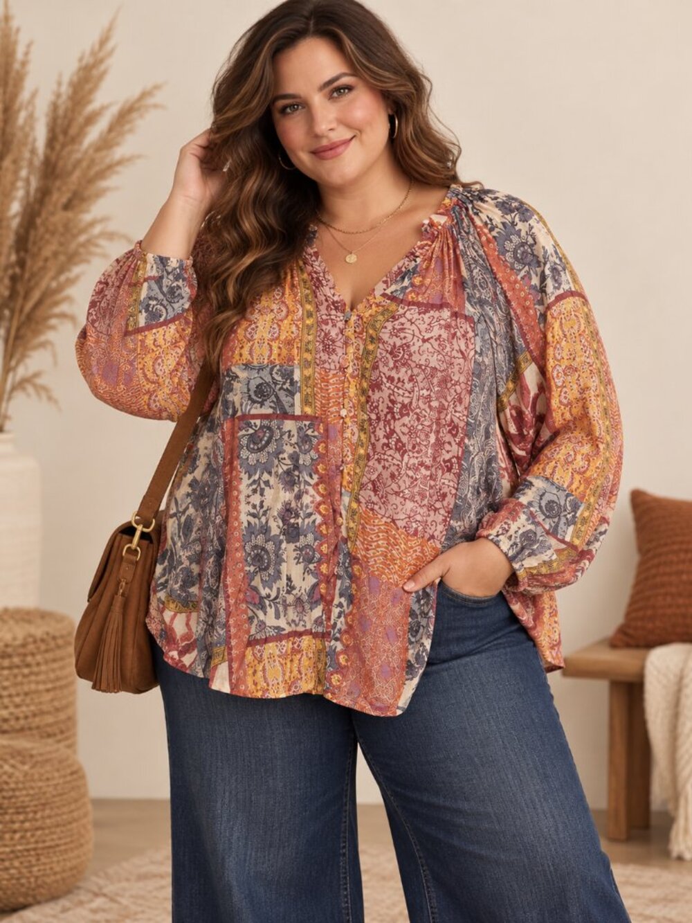Lane Bryant 26/28 Boho Patchwork Vintage Inspired Plus Sz Cottagecore Blouse